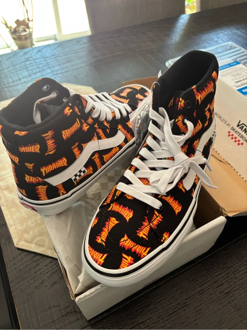 Vans High Top Sneakers with Flame Logo Print - Black, Orange & Yellow